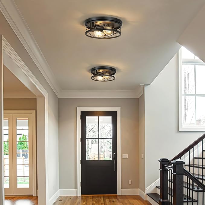Farmhouse Lights,Black Industrial 2 Pack Round Metal Flush Mount Hallway & Bedroom Ceiling Lamp, Kitchen Round Lights (Bulbs Not Included)