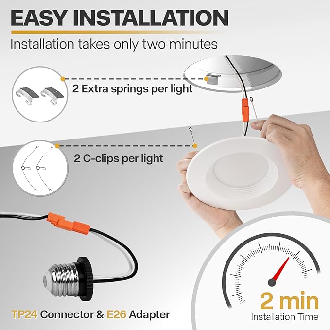 POWERASIA 24 Pack 5/6 Inch LED Can Lights with Night Light, 5CCT Retrofit Recessed Lighting Selectable 2700K-6000K Dimmable, 12W=75W, 1200LM Downlight with Metal Smooth Trim - ETL and Energy Star