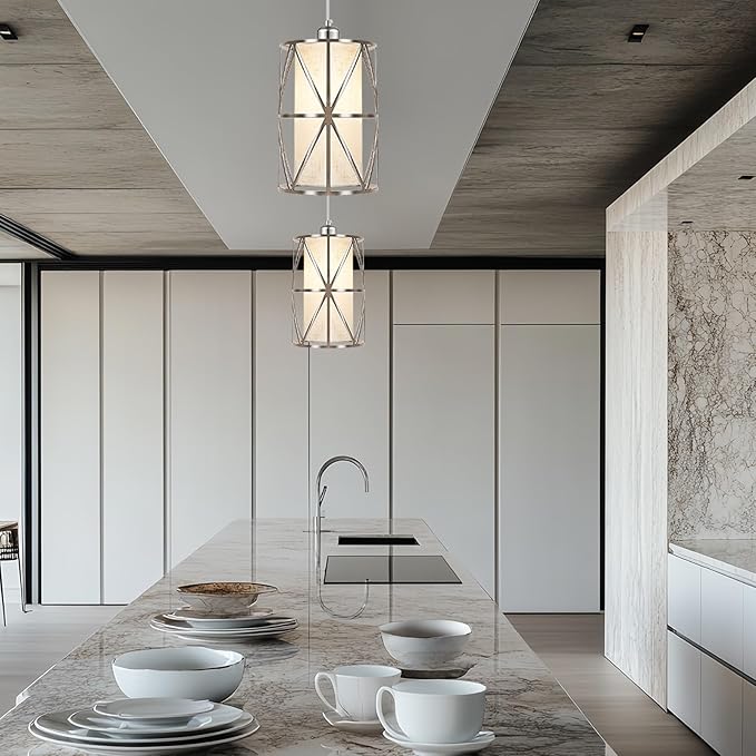 Modern Pendant Lights Kitchen Island - Adjustable Height Brushed Nickel Kitchen Pendant Lights with Linen Shade, UL Certified Pendant Lighting for Dining Room, Entryway