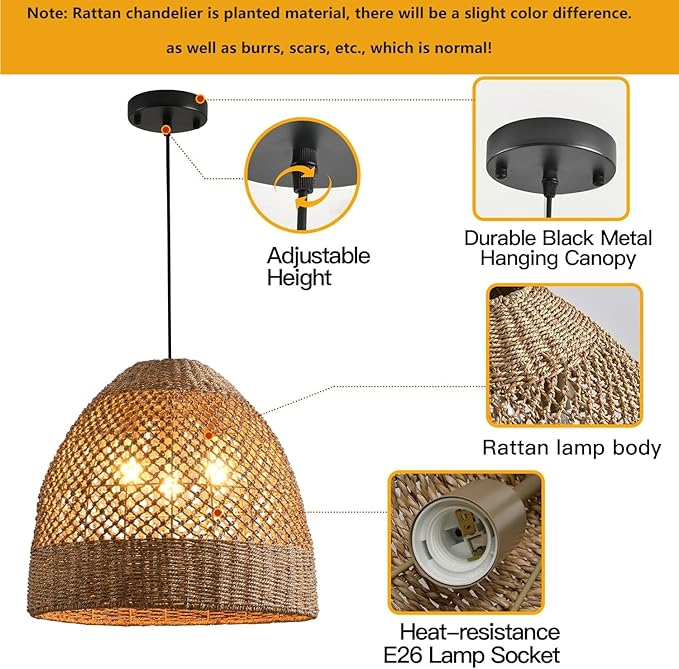 19” Large Rattan Pendant Light Fixture,3 Light Boho Handmade Woven Wicker Rattan Ceiling Farmhouse Chandelier for Kitchen Island Dining Rooms, Corridors, and Entrance Halls.