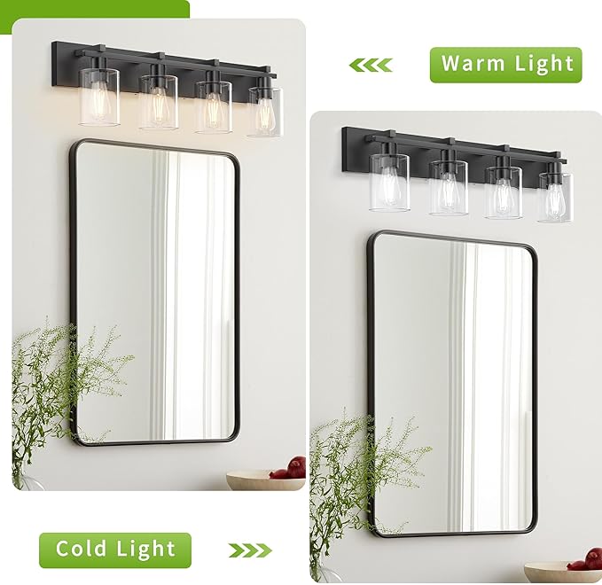 Espird Bathroom Vanity Light,4 Light Matte Black Light Fixture with Thickened Clear Glass Shade, 30 inch Modern Wall Sconce, Bathrooms Vanity Light Over Mirror for Bathroom