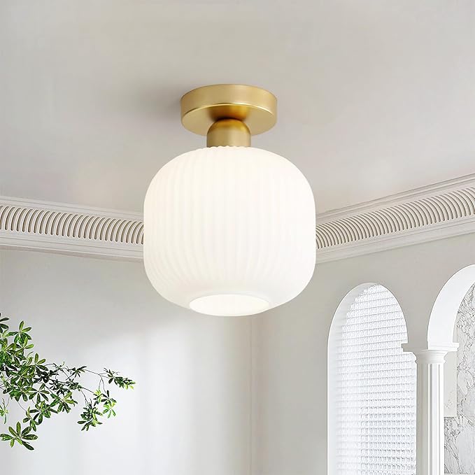 KCO Lighting Mid Century Modern Antique Brass Flush Mount Ceiling Light Brushed Gold Milk Glass Semi Flush Mount Ceiling Light Farmhouse Hallway Globe Ceiling Light Fixture
