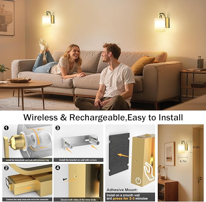 iThird 1 Pack Battery Operated Wall Sconce Light: Gold 6000mAh Rechargeable Wall Lights with Touch and Remote Control, 4 CCT Dimmable Wireless Wall Lamps for Bedroom Living Room Hallway