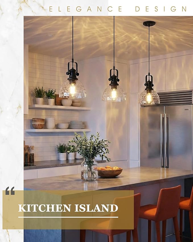 Black Pendant Lights Kitchen Island, 7.5" Farmhouse Pendant Lighting with Hammered Glass Shade, Vintage Hanging Light Fixtures for Dining Room Entryway, Adjustable Cord, AD-22151-1P-BK-H