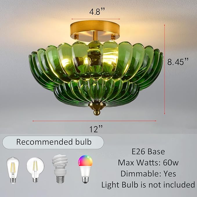 Semi Flush Mount Ceiling Light, Green Glass Ceiling Light Fixture, 3-Bulb Gold Close to Ceiling Light, Vintage Glass Ceiling Lights for Bedroom Kitchen Living Room, Support inline roof installation