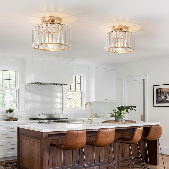 9 Inch Gold Crystal Ceiling Light Fixture - Modern Semi-Flush Mount Chandelier with Premium Crystals for Entryway, Dining Room, Bedroom, Kitchen
