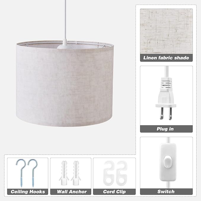 KUAUGST Plug in Pendant Light, 15 FT Hanging Lamp with Plug in Cord, On/Off Switch, Pendant Lighting with Fabric Shade, Hanging Light Fixture for Living Room, Bedroom, Dining Room, Kitchen