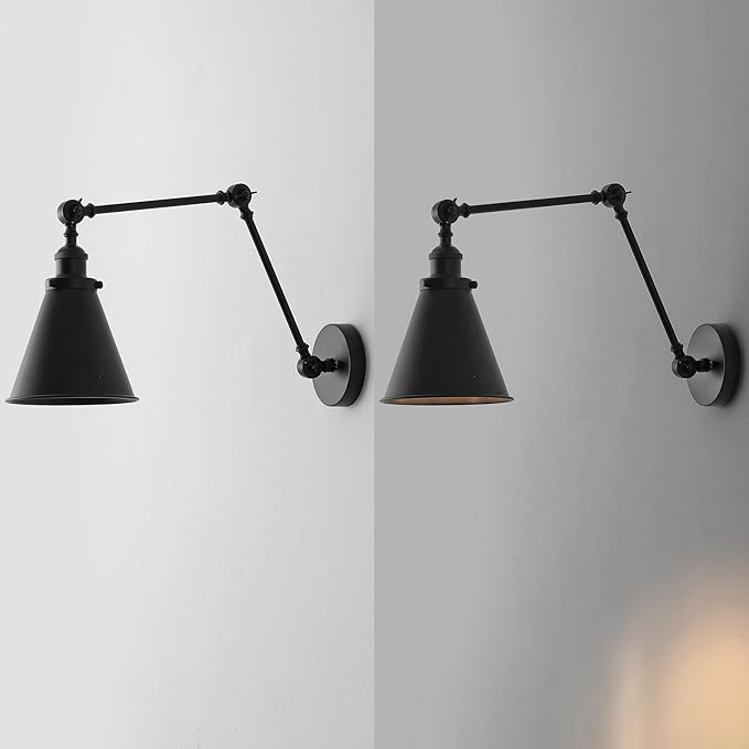 JONATHAN Y 7" Black Classic Industrial Metal Adjustable Arm LED Wall Sconce for Bedside Reading, Farmhouse Swing Arm Wall Lamp with Metal Shade, Hardwired (JYL7462E-SET2)