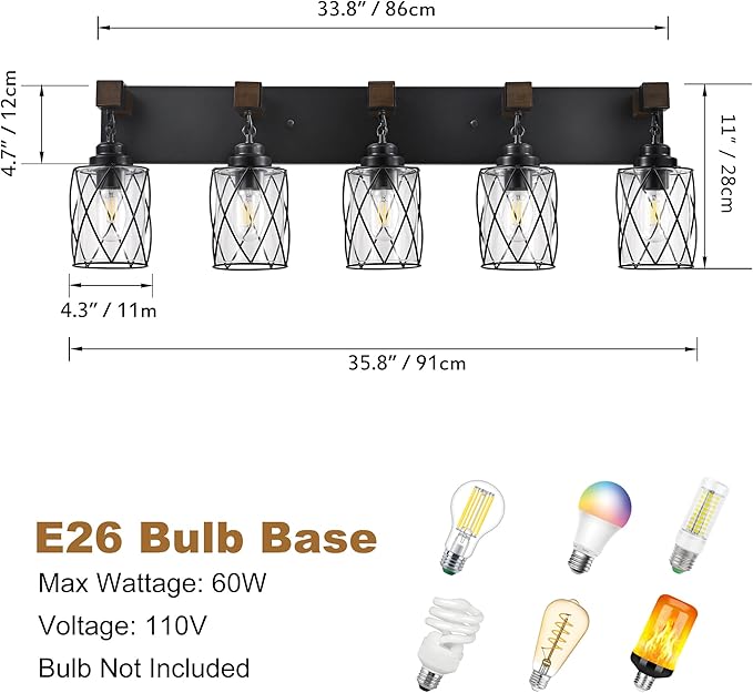 Farmhouse Bathroom Light Fixtures, 5 Light Bathroom Vanity Light with Metal and Glass Lampshade, Wood Rustic Lighting Fixtures Over Mirror, Black Wall Sconces for Living Room, Bedroom