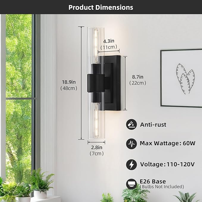 19" Modern Wall Sconce,2-Light Bathroom Vanity Light,Glass Tube Indoor Wall Sconce,Black Wall Light Wall Lamp for Bedroom, Mirror,Washroom, Hallway Hardwired Sconces Wall Lighting,E26 Base