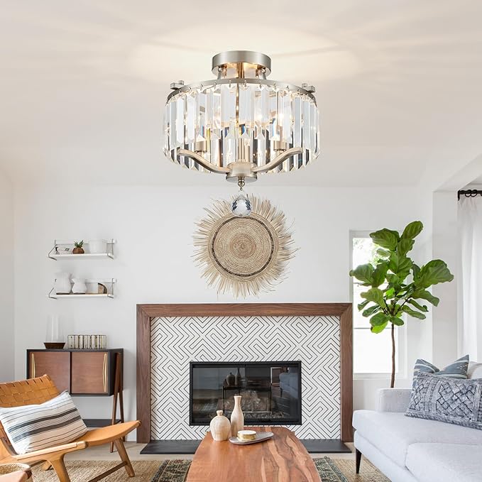 12.2'' Modern Brushed Nickel Crystal Ceiling Light Fixture Farmhouse 3-Light Semi Flush Mount Drum Chandelier for Dining Room, Bedroom, Kitchen, Hallway, Entryway, Foyer, E12 - MJ055BN