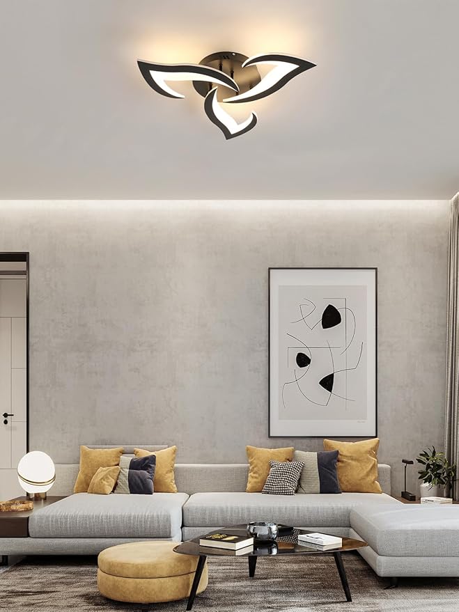 Goeco Modern Ceiling Light, Dimmable Black Acrylic Ceiling Light with Remote Control (3000K-6500K), 3-Head Flower Shape LED Ceiling Lamp for Living Room, Bedroom, Dining Room, Kitchen