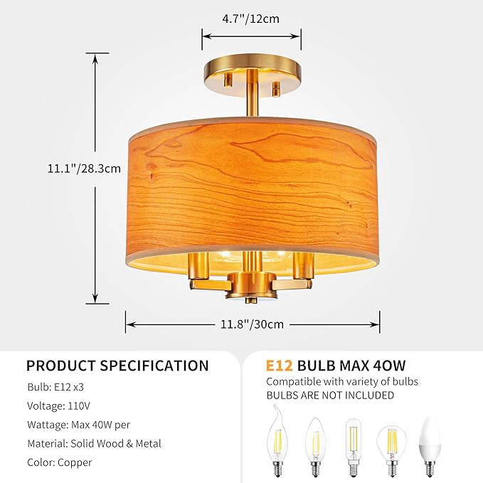 3-Light Solid Wood Drum Ceiling Light, Coastal Style Pendant Light Fixture for Dining Room, Living Room, D11.8 * H11.1 inch, Solid Wood Lampshade & Gold Finish