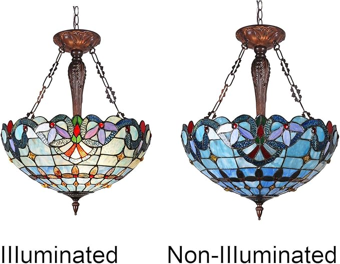 Capulina Tiffany Lamp Stained Glass Pendant Light Chandelier 3-Lights 18 Inches Wide Victorian Antique Hanging Lamp for Dining Living Room Bedroom Hallway Foyer Kitchen Island