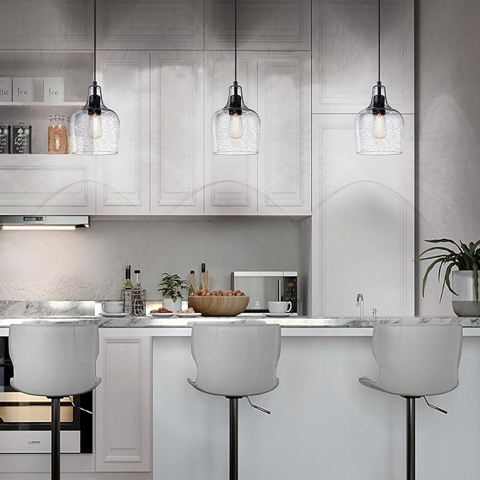 2 Pack 1 Light Indoor Hanging Kitchen Island Pendant Ceiling Light 6.1" Clear Seeded Glass Fixture,Black Finish for Farmhouse Over Sink Bedroom Hallway