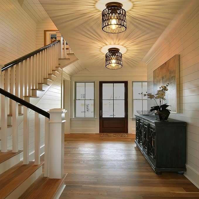 Ceiling Light Fixture,Hand-Woven Rattan Flush Mount Ceiling Light,Farmhouse Light Fixtures Ceiling Mount Boho for Hallway Bedroom Kitchen Entryway Living Room