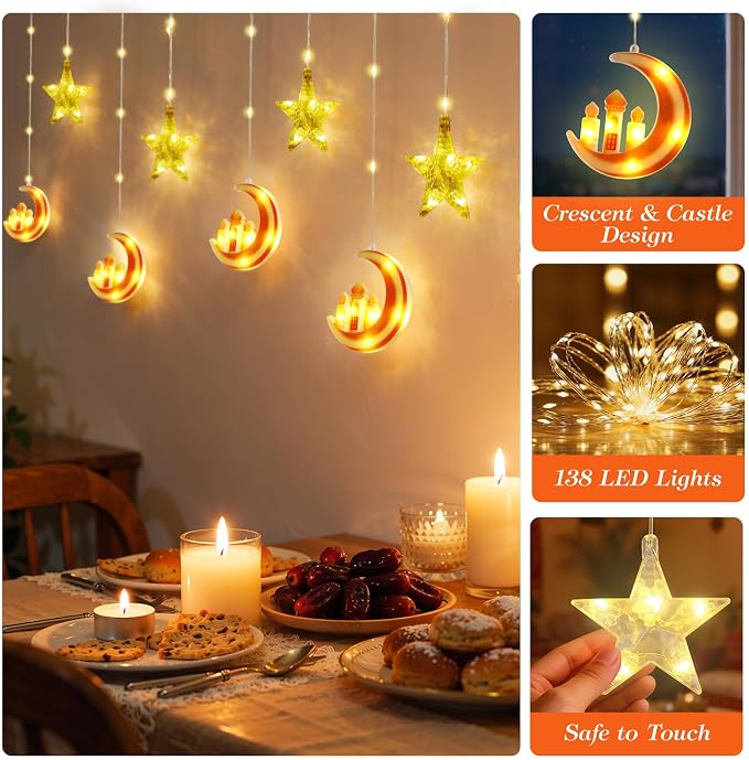 Lewondr Ramadan Curtain String Lights, 138 LED Moon Castle Star Fairy Lights with 6H Timer, 8 Modes, Remote Control, USB Powered Curtain String Light, Eid Mubarak Decorations for Ramadan Home, Orange