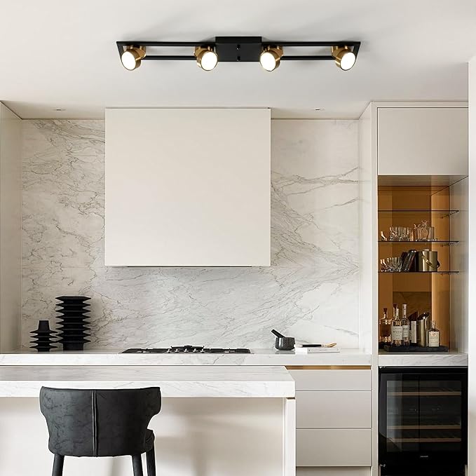 Garwarm Modern Ceiling Light Track Lighting Fixtures, 35.4 Inch Dimmable LED Kitchen Ceiling Light with Remote 4-Light Black LED Chandelier for Dining Room Bedroom