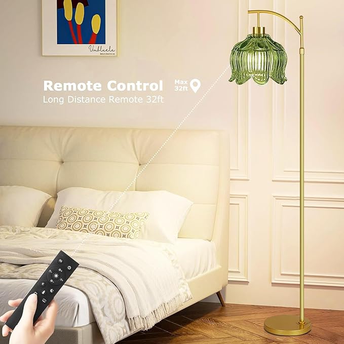 QIYIZM Green Floor Lamp for Living Room,Bedroom,Gold Dimmable Standing Lamp with Remote,Mid Century Modern Brass Tall Lamp Boho Floor Lamps Arc Vintage Glass Flower Floor Light Lamp Girls Bohemian