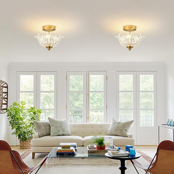 Semi Flush Mount Ceiling Light, Gold Vintage Light fixtures with Floral Clear Glass Shade, Modern Close-to-Ceiling Lighting for Bedroom Kitchen Living Room Hallway