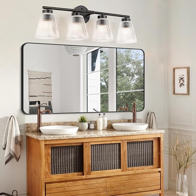 OCIOC Bathroom Vanity Light, 4-Light Modern Matte Black Wall Sconce with Glass Shade, Black Wall Light fixture, Bath Vintage Wall Mounted Lamps for Mirror Bedroom,Living Room