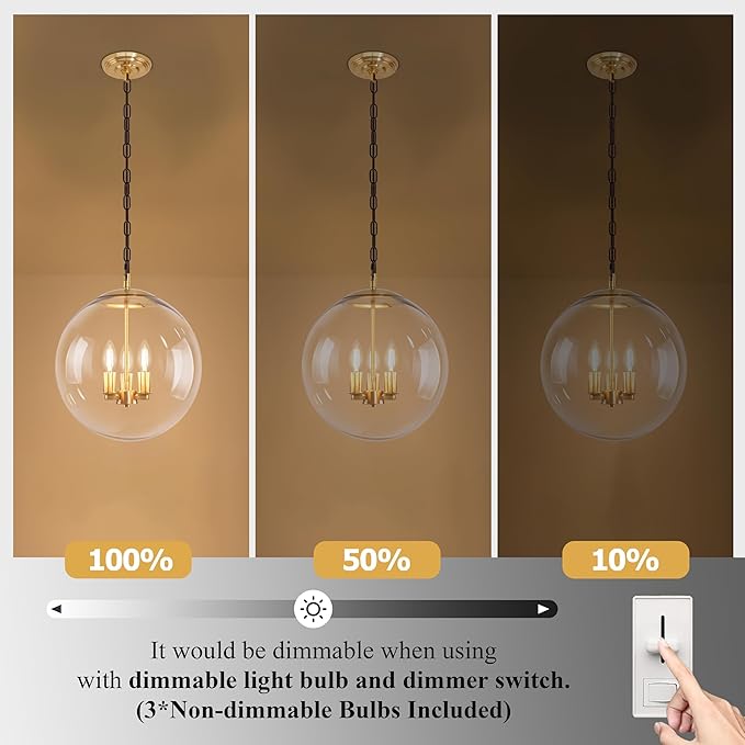 KoKo&Yukina 14" Gold Globe Pendant Light Mid Century Pendant Light Clear Glass Pendant Lights Kitchen Island Adjustable Hanging Light Fixture for Dining Room Bedroom Kitchen Island