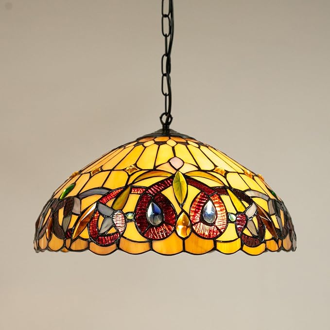 Vintage Pendant Light Fixtures, 16Inch Stained Glass Hanging Lamp 100-240V Antique Style Ceiling Mount Light for Dining Room Living Room Kitchen Entryway-E26
