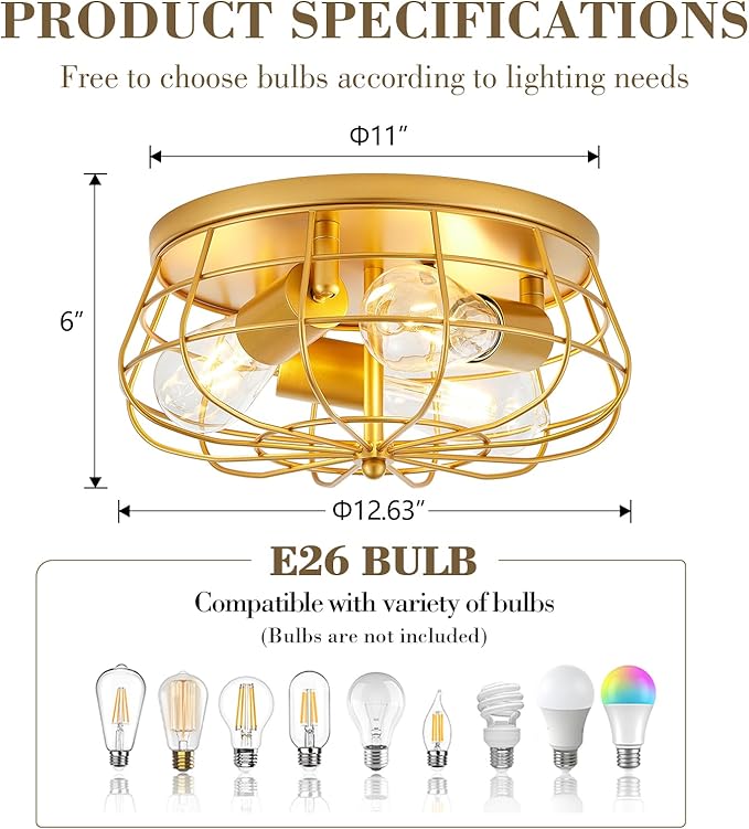 VILUXY Gold Semi Flush Mount Ceiling Light Industrial 3-Light Rustic Ceiling Lamp Fixture with Metal Cage for Kitchen Living Room Dining Room Bedroom Hallway