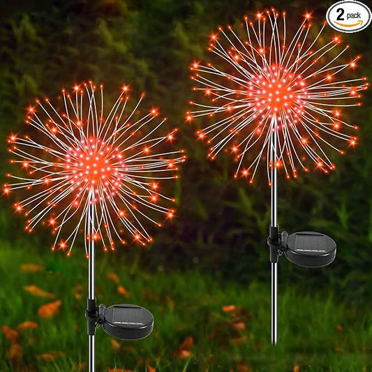 Solar Garden Lights Outdoor, 2 Pack 120 LED Twinkling Firework Lights Decorative with 2 Modes, Outdoor Waterproof Solar Starburst Light for Outside Yard Pathway Garden Decor, Orange