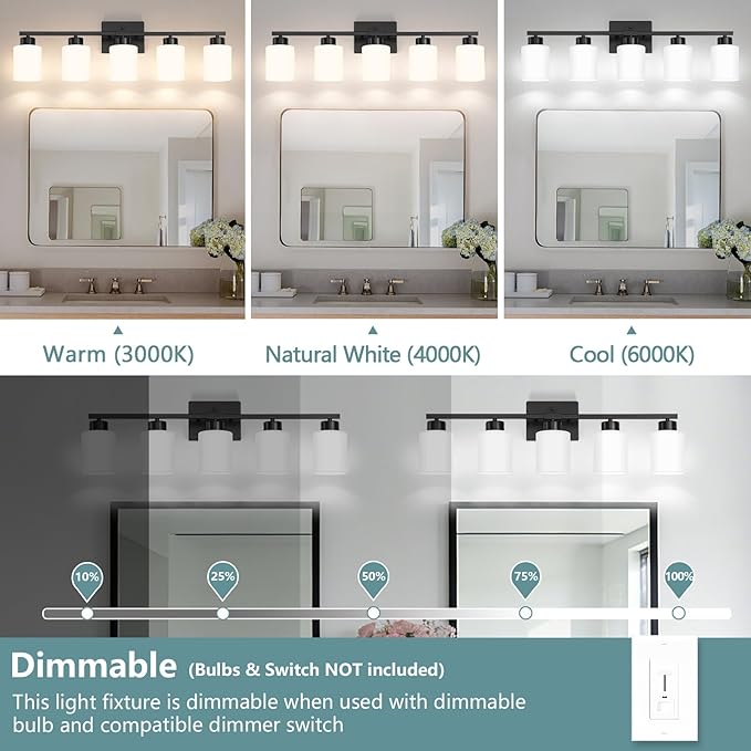 Black Bathroom Light Fixtures, 5-Light Modern Vanity Lights with Milky White Frosted Glass Shades, Wall Sconces for Mirror, Bathroom, Restroom (E26 Socket)