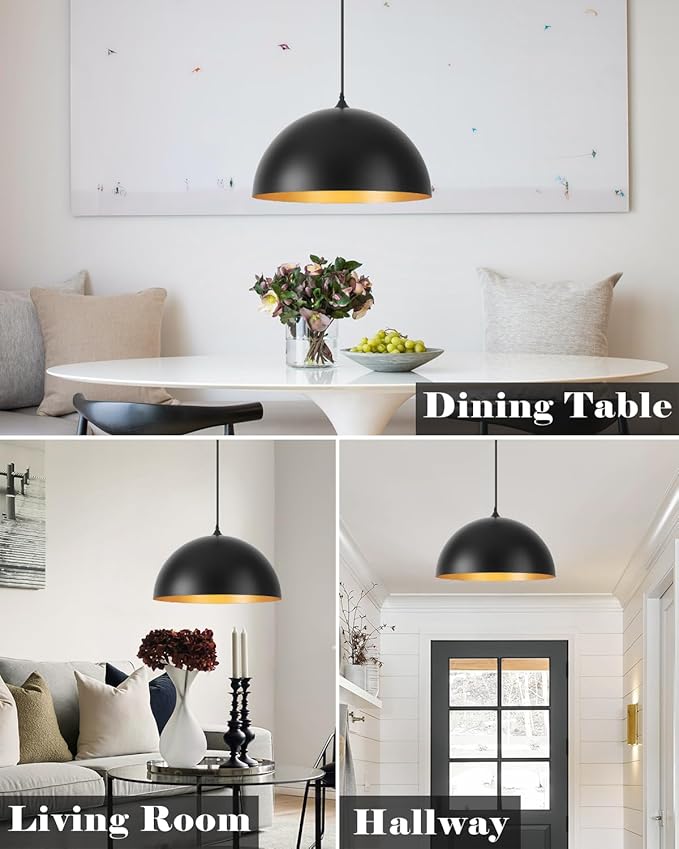 Large Pendant Lights Kitchen Island 3 Packs, 16 inch Black and Gold Dome Pendant Light, Industrial Farmhouse Pendant Lights Fixtures Metal for Kitchen Island, Dining Room, Cafe, Bar
