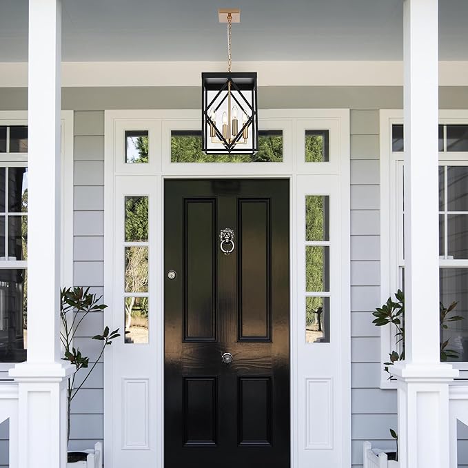 Outdoor Pendant Light for Porch, 4-Light Modern Metal Exterior Hanging Lantern Pendant Light Outside Chandelier Black with Clear Glass or Front Porch Entrance Foyer Entryway, Brass Socket