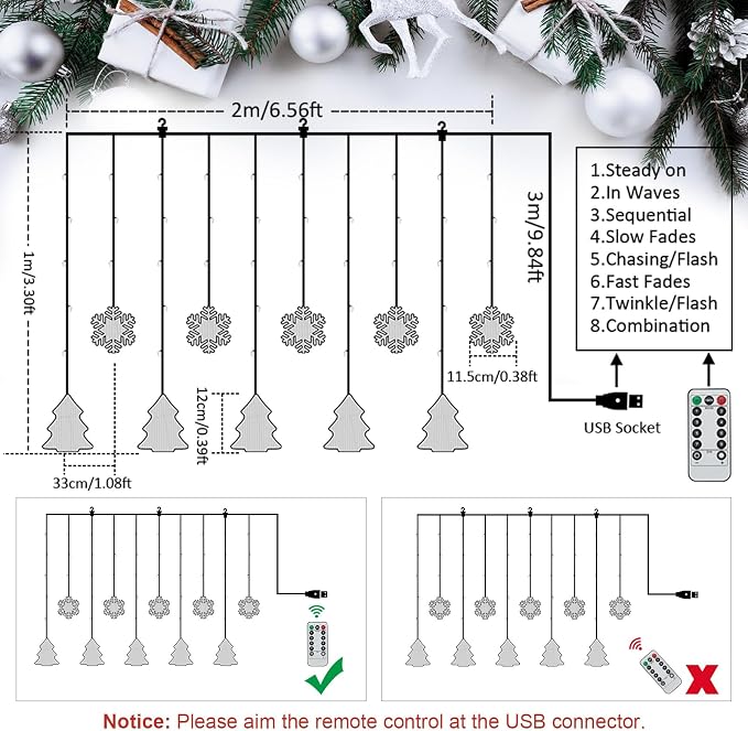 BLOOMWIN Christmas Window Lights Indoor - 2M 160 LED Christmas Window Decorations, Snowflake Curtain Hanging Fairy String Icicle Lights for Xmas Noel Bedroom Holiday Home Outdoor, Cold White USB