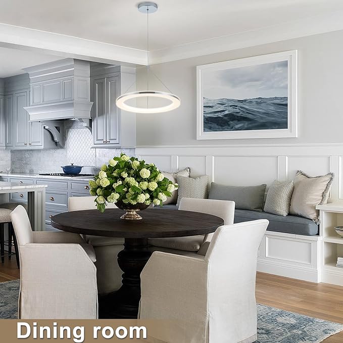 CHYING LED Pendant Lights Kitchen Island, 15.8" 18W Warm White Modern Ring Chandelier, Adjustable Height Silver Hanging Pendant Ceiling Light for Dining Room Bedroom Hallway Entryway, 3000K