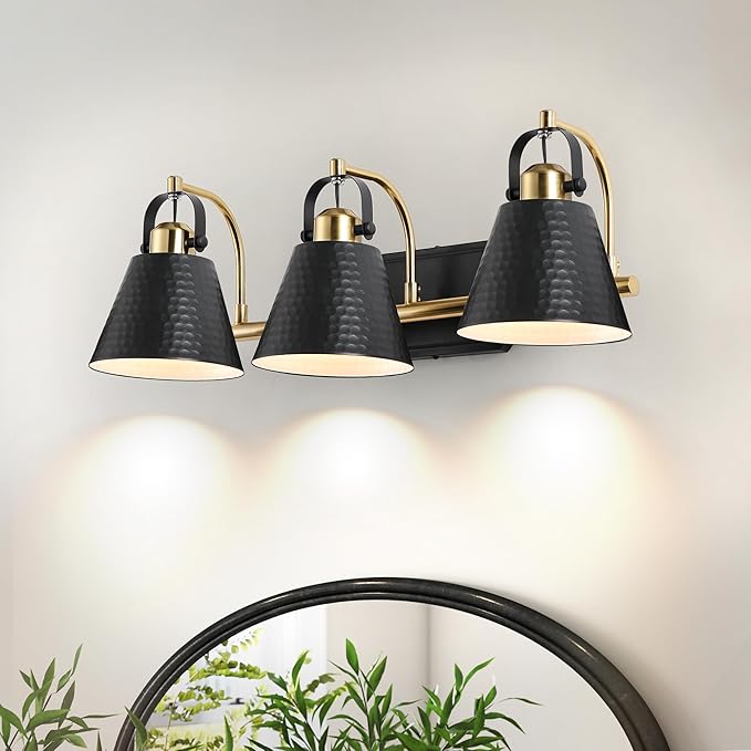 PAZALA Black and Gold Vanity Light, 3-Lights Farmhouse Vanity Light, Bathroom Light Fixtures Over Mirror, 24inch Modern Bathroom Wall lamp for Bath Mirror Living Room Cabinet Bedroom