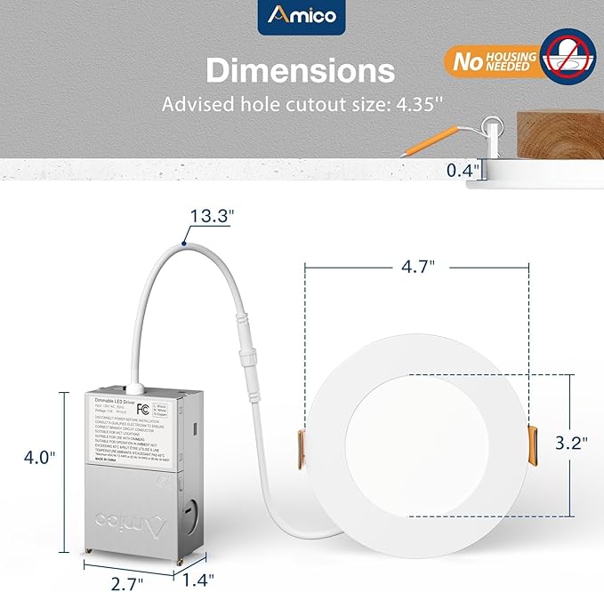 Amico 36 Pack 4 Inch 5CCT Ultra-Thin LED Recessed Light with Junction Box, 2700K/3000K/3500K/4000K/5000K Selectable, 10W Eqv 60W, Dimmable Can-Killer Downlight, 700LM High Brightness Downlight-ETL&FCC