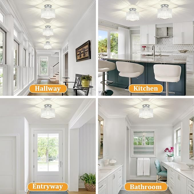2-Pack Crystal Semi Flush Mount Ceiling Light Modern Chrome Small Square Ceiling Light Fixture Entryway Chandelier for Kitchen Bedroom Bathroom Hallway Laundry, 7.24Inch