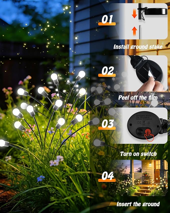 OZS 12 Pack Total 96 LED Solar Garden Lights Fairy Outdoor - Solar Firefly Lights Outdoor, Sway by Wind, Waterproof for Garden Patio Pathway Fairy Decoration (Cool White)