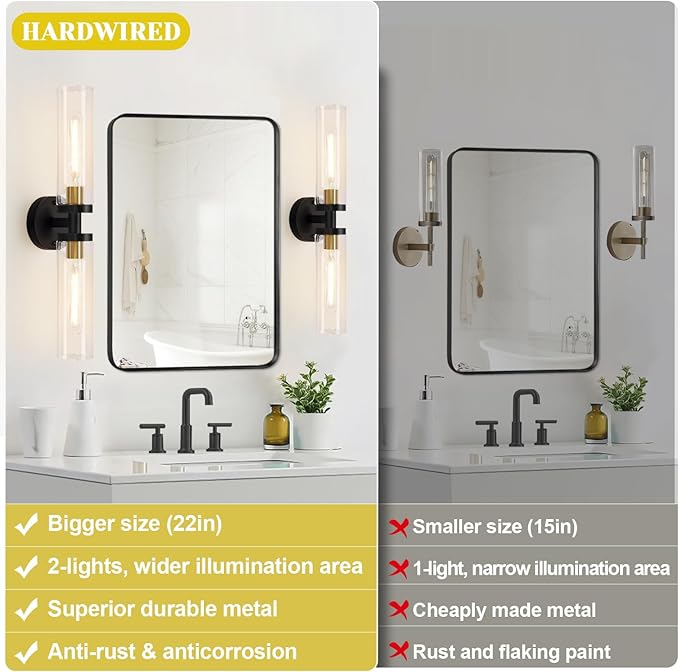 Indoi Wall Sconces Set of Two, 22" Black and Gold Bathroom Sconces with Clear Glass, Hardwired Modern Sconces Wall Decor Set of 2 Wall Light fixtures for Bathroom Mirror Living Room Hallway Bedroom