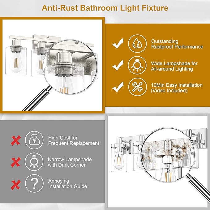 Bathroom Lighting Fixtures Over Mirror Brushed Nickel, 24Inches Vanity Lights for Bathroom, Modern 4-Light Wall Sconces E26 Base, Transparent Clear Glass Shades, Bulbs Not Included
