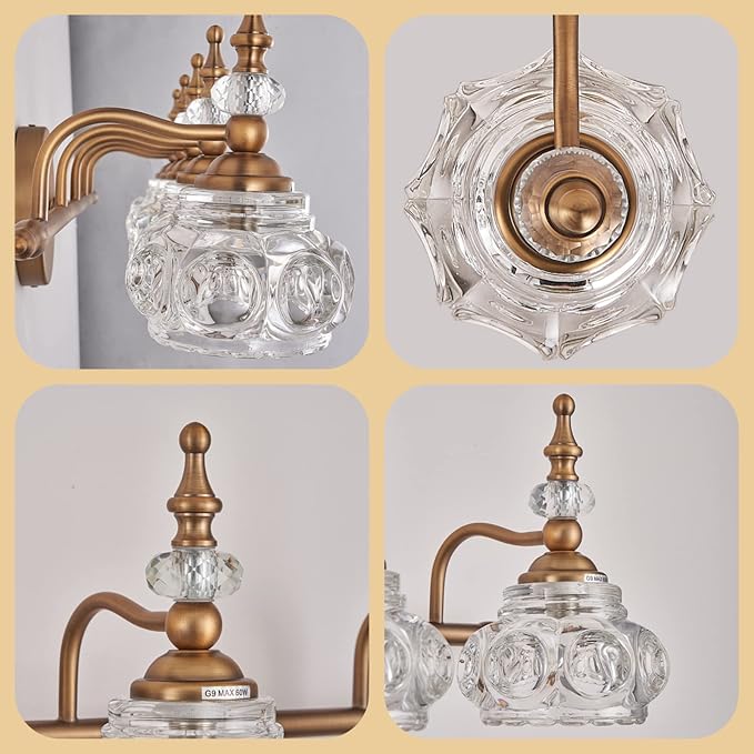 Brass 5-Light Bathroom Vanity Light, Vintage Bathroom Lighting Fixtures with Thick Crystal Glass Shade, Living Room