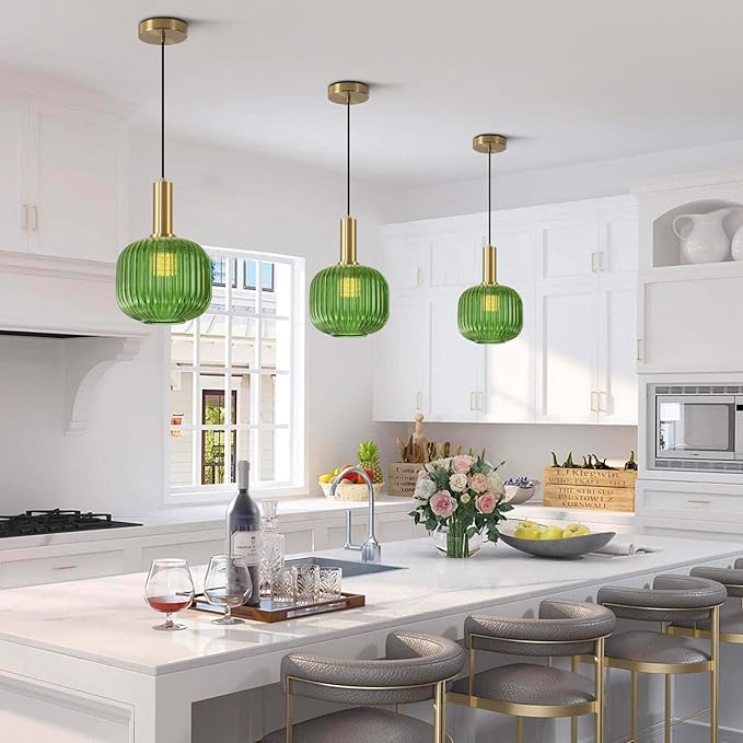 BOKT Mid Century Green Glass Pendant Lights 2-Light Mini Globe Ceiling Pendant Light Ribbed Glass Pendant Light Gold Finish Hanging Light Fixture for Kitchen Island Foyer
