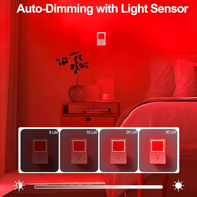 670nm Red Light Night Light for Sleep[4 Pack]- Zero Blue Light, Dimmable & Energy Efficient 0.3W Night Light Plug into Wall with Dusk-to-Dawn Sensor for Nursery, Bedroom, Bathroom