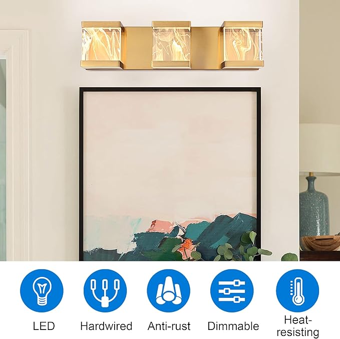 MELUCEE Modern Brass LED Vanity Lights Over Mirror 15W 3 Lights LED Bathroom Light Fixtures with Unique Smoke Acrylic Panel Bathroom Wall Sconce for Bath Powder Room, 3000K Warm Lighting