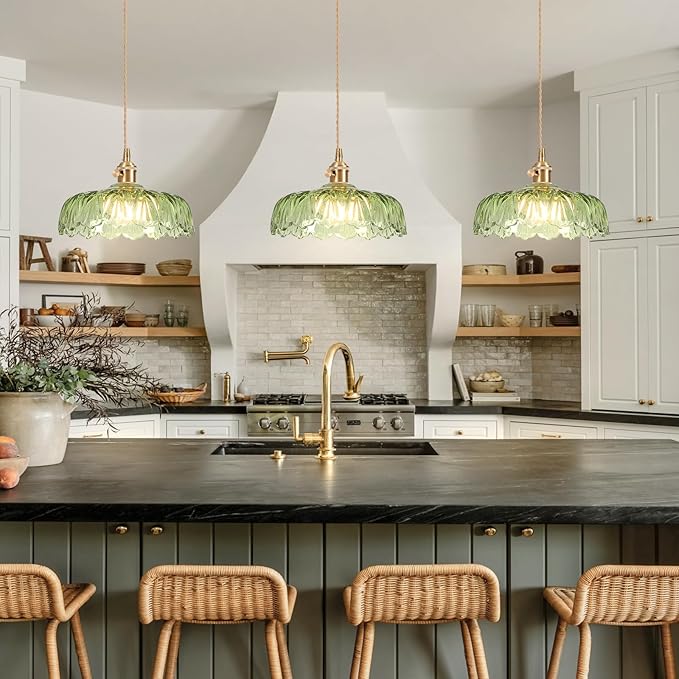 Pendant Lights Kitchen Island,Green Glass Pendant Light Vintage Light Fixtures,9.4inch E26 Finish Ceiling Hanging Lamp for Bedroom Living Room Hallway