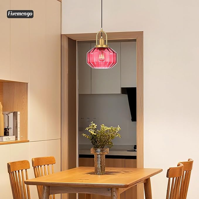 9in Mid Century Modern Wine Red Glass Pendant Light Fixture, Small Gold Kitchen Island Pendants Light Glass Ceiling Hanging Lamp for Foyer Dining Room Bedroom Entryway Hallway Over Sink