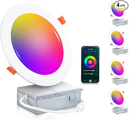 CLOUDY BAY [4 Pack 6inch Smart WiFi LED Recessed Lights,RGBCW Color Changing Recessed Lighting,Compatible with Alexa and Google Home Assistant,No Hub Required,15W 2700K-6500K,CRI90+ Wet Location