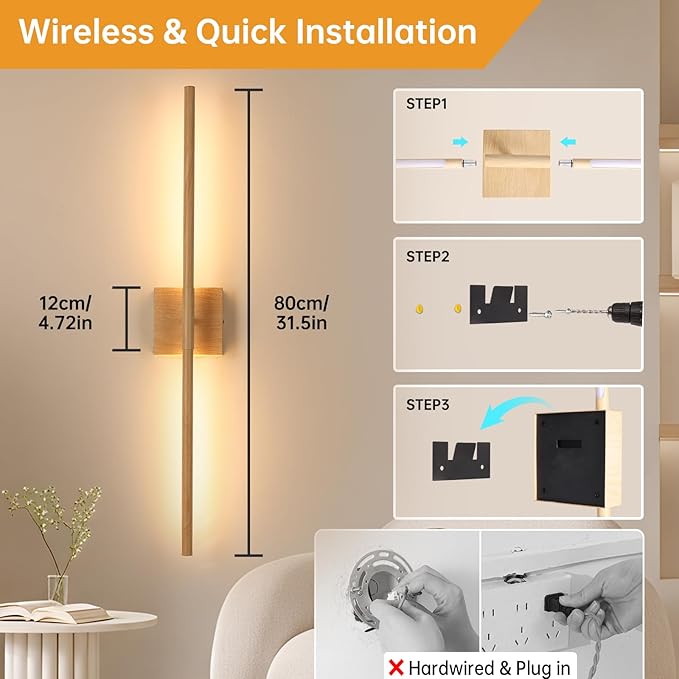 Shenmoyl Battery Operated Wall Sconce Set of 2, 10400mAh Rechargeable Wall Sconces, 3000K-6000K Dimmable, 350°Rotate, Indoor Wall Lights for Bedroom Living Room, Original Wood, 31.5 Inch