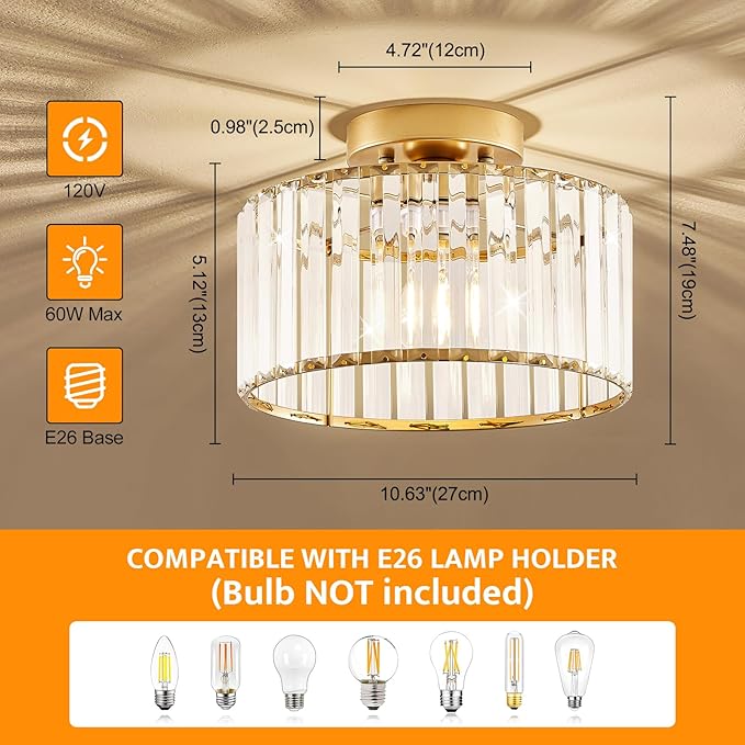 Crystal Gold Semi Flush Mount Ceiling Light Modern Hallway Light Fixture Metal Close to Ceiling Lamp for Kitchen Living Room Bathroom Entryway Bedroom(10.63 inch)