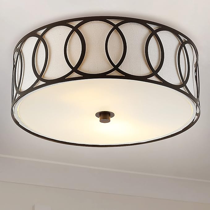 JONATHAN Y 12.25" Oil Rubbed Bronze 2-Light Modern Metal LED Flush Mount Ceiling Light for Bedroom Hallway, White Linen Drum Shade with Geometric Fretwork, LED Bulbs Included (JYL3502C)